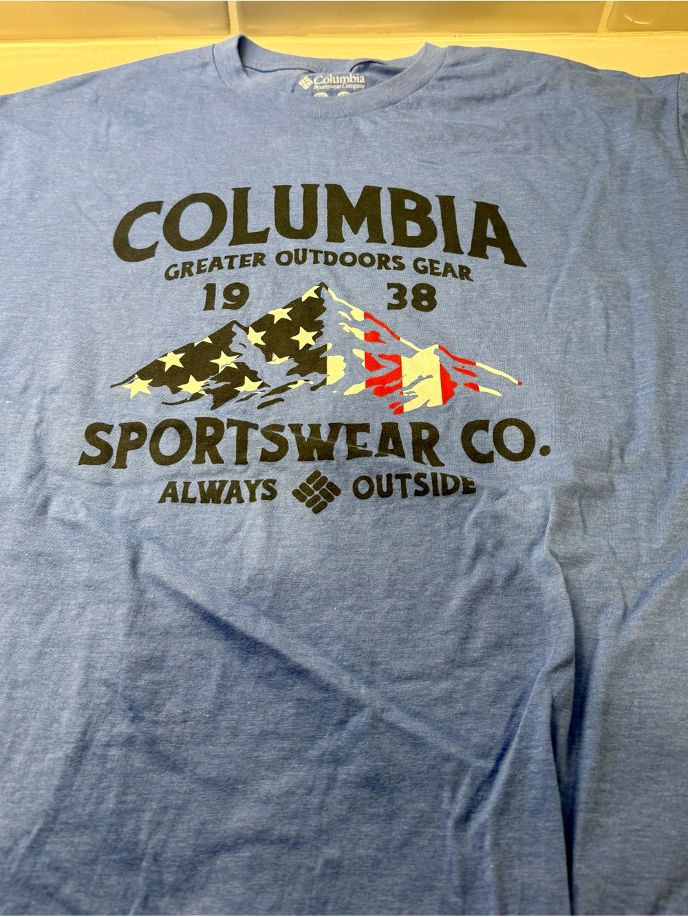 Columbia Light Blue Short-Sleeve Graphic Tee with Flag Mountain Art
